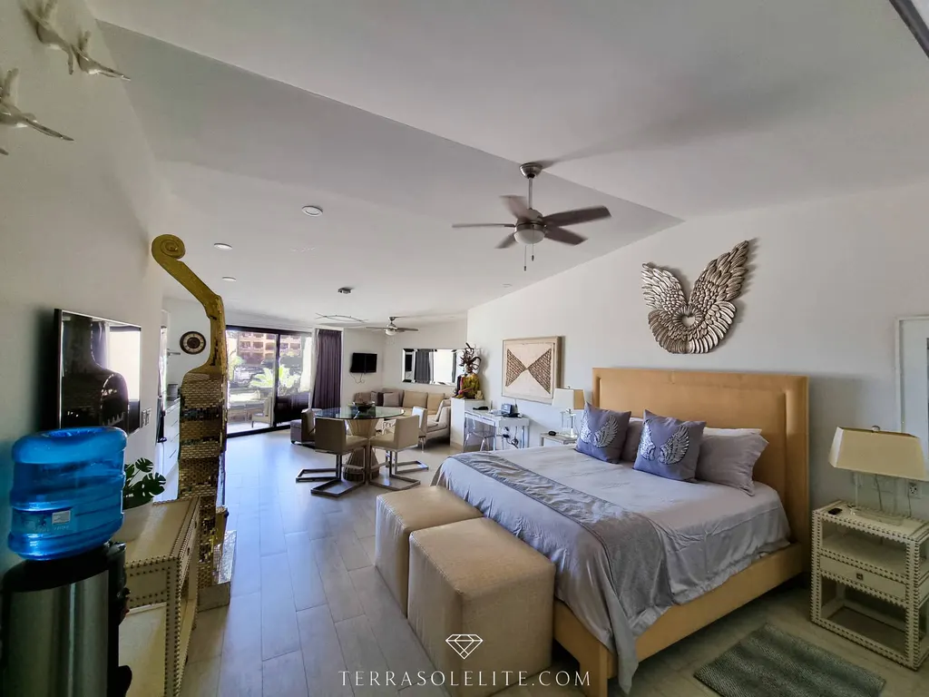 King bedroom with ocean light